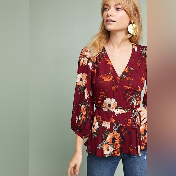 Long-sleeved Floral Wrap Top from Anthropologie size 4 - Picture 1 of 7